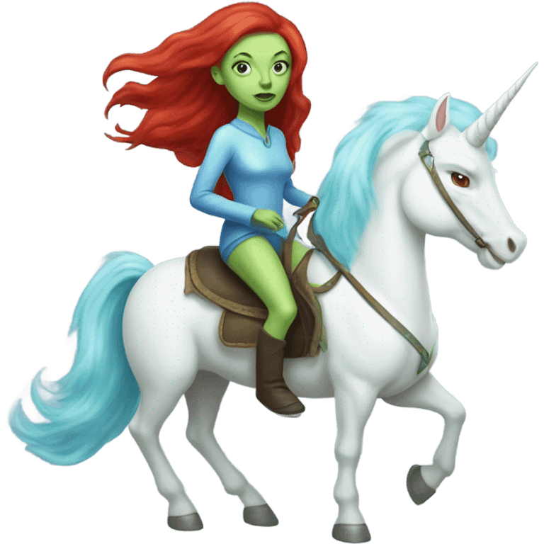 [
	{ woman: alien, color: light green, hair:red, eyes:blue} ]
	on a 
	[{ unicorn: white, legged:six, mane: light blue }] emoji