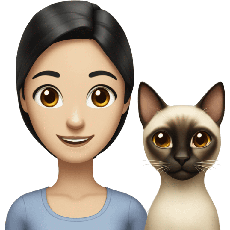 Siamese cat with a girl with black hair and brown eyes smiling emoji