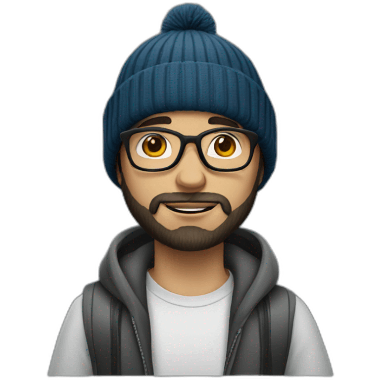 young dark-haired white man with a beanie, glasses and beard emoji