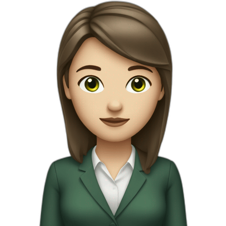 Female with brunette hair and slightly fringe and green eyes. Wearing formal cute outfit emoji