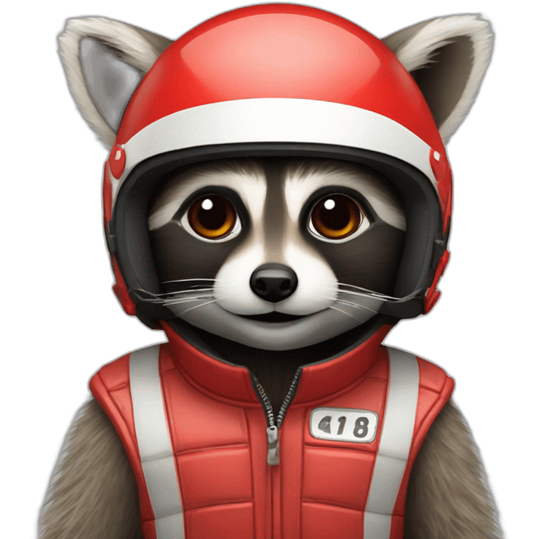 raccoon with a red formula 1 helmet on emoji