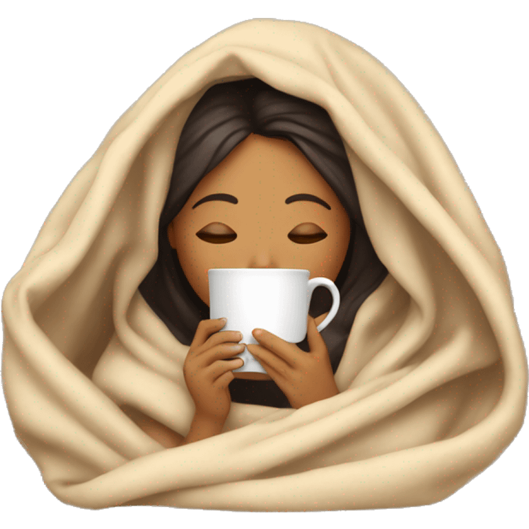 Latina inside a blanket sipping coffee eyes closed emoji