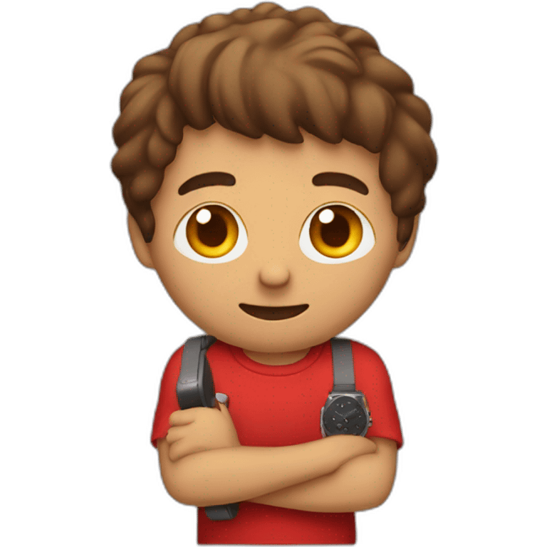 man standing with red t shirt red phone red watch emoji