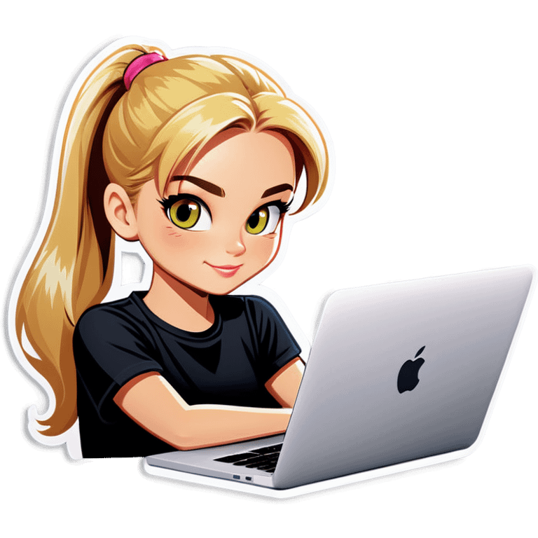 Blonde girl ponytail macBook and a cat emoji