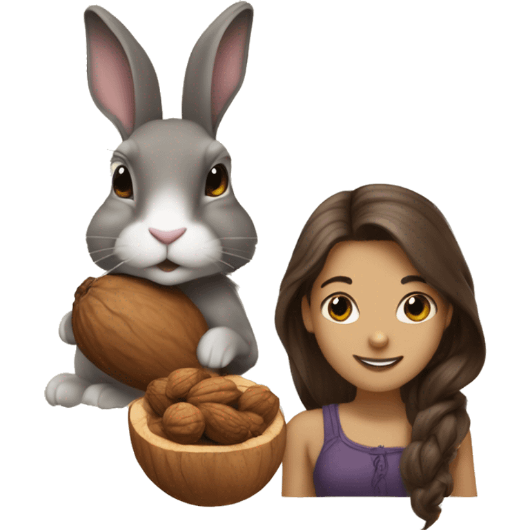 а rabbit and a walnut with a brunnete girl emoji