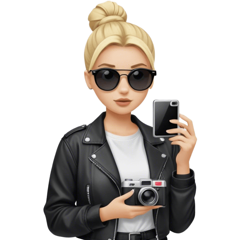 Blonde white girl with film camera wearing blackout sunglasses where you can’t see her eyes with a high bun. She’s wearing a white t shirt and a black baggy leather jacket  emoji