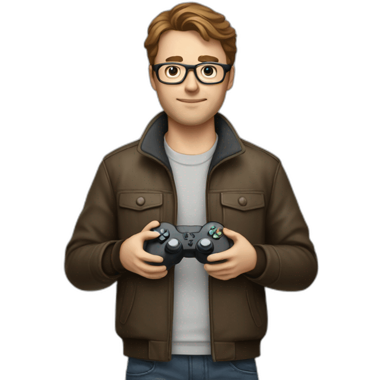 white male with brown hair holding a game controller, wearing glasses, wearing a jacket emoji