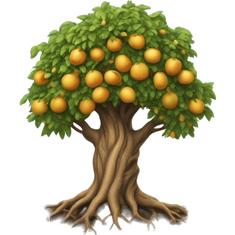 tree with deep roots and branches that rise towards the sky, with golden fruits emoji