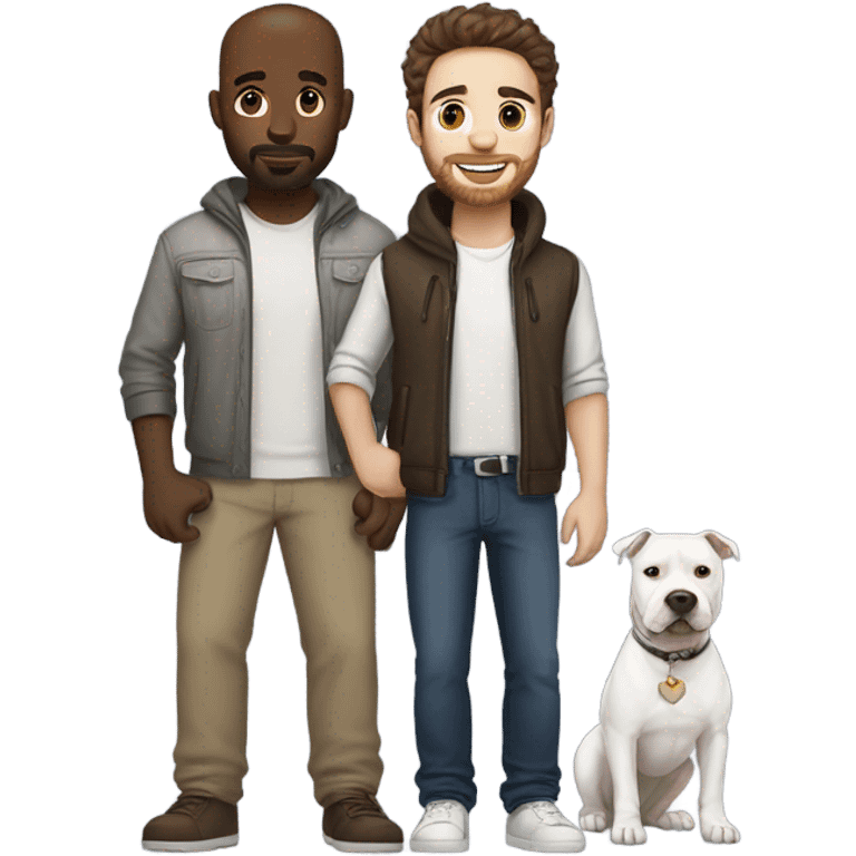 white male with dark brown hair and a lightly scruffy beard shadow standing alongside a white pitbull emoji