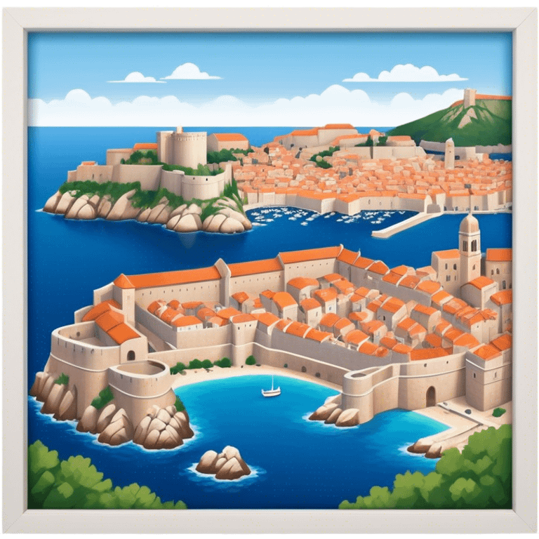 Cinematic Realistic Dubrovnik Landmark Emoji, showcasing the historic walled city with its terracotta rooftops, stone fortifications, and the deep blue Adriatic Sea stretching beyond. emoji