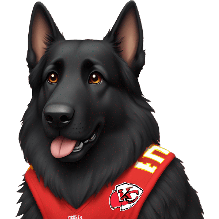 black long haired German Shepherd wearing a Kansas City Chiefs jerseys  emoji