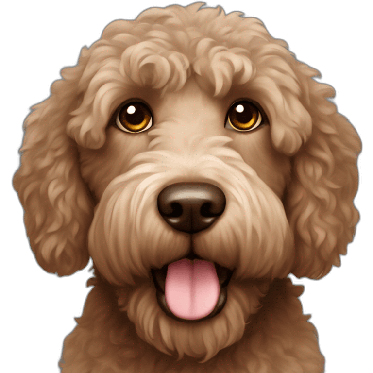 Phantom / Brown colored labradoodle medium sized dog, with brown eyes and a fluffy tail emoji