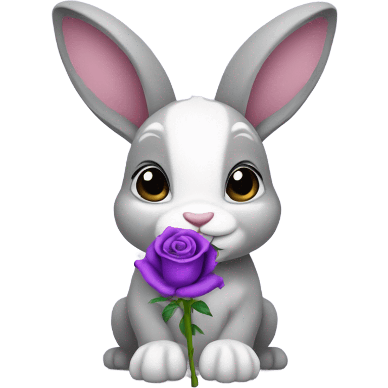 Gray and white bunny holding a purple rose emoji