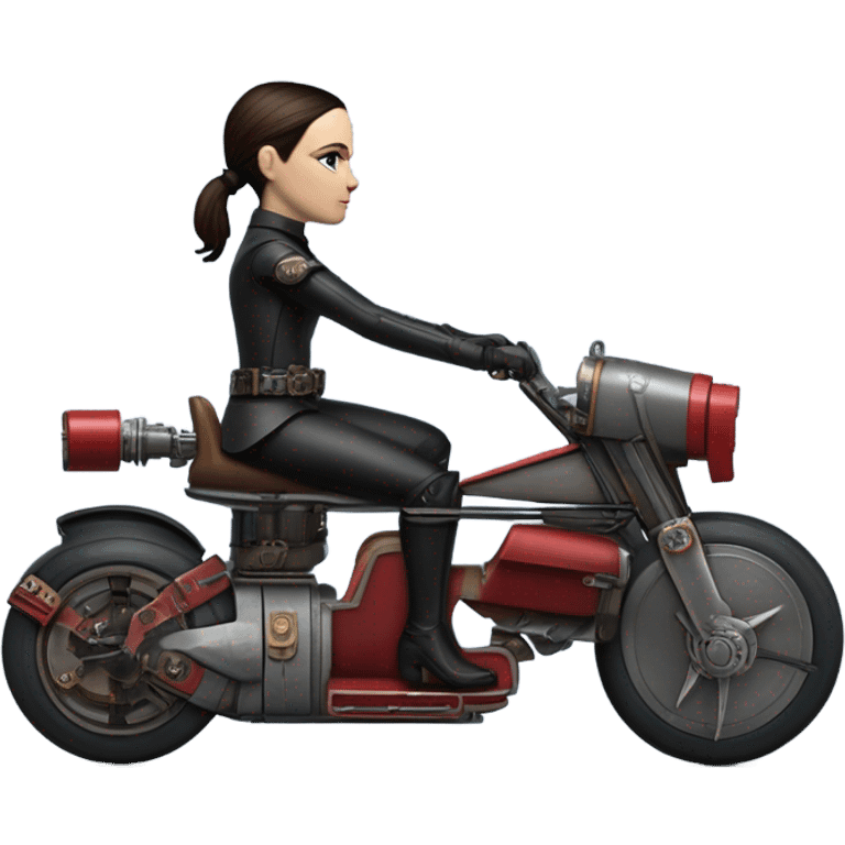 Jedi bounty hunter Wednesday Addams racing in a modern blue,red and pewter steampunk electric luxury flying speeder bike  emoji