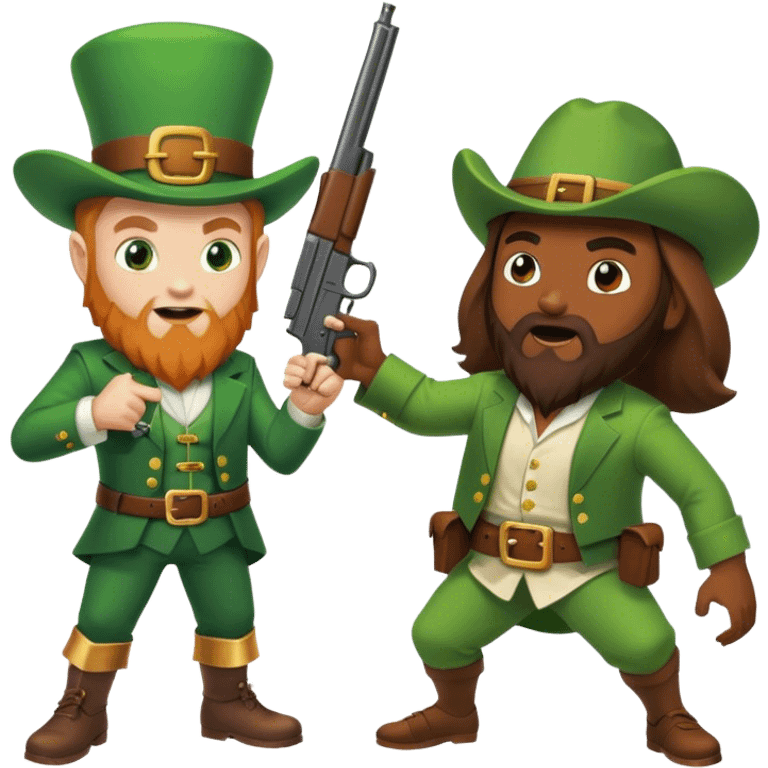 Leprechaun fighting Jesus with a gun emoji