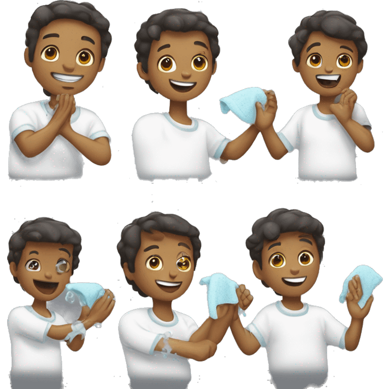 Create a series of emojis that illustrate the steps for washing hands properly. Include symbols for wetting hands, applying soap, scrubbing, rinsing, and drying. Ensure the sequence clearly demonstrates each step in a fun and engaging way. emoji