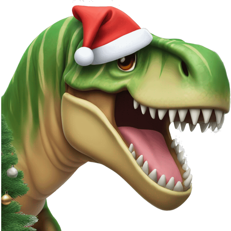 T-Rex wearing Santa hat near a Christmas tree emoji