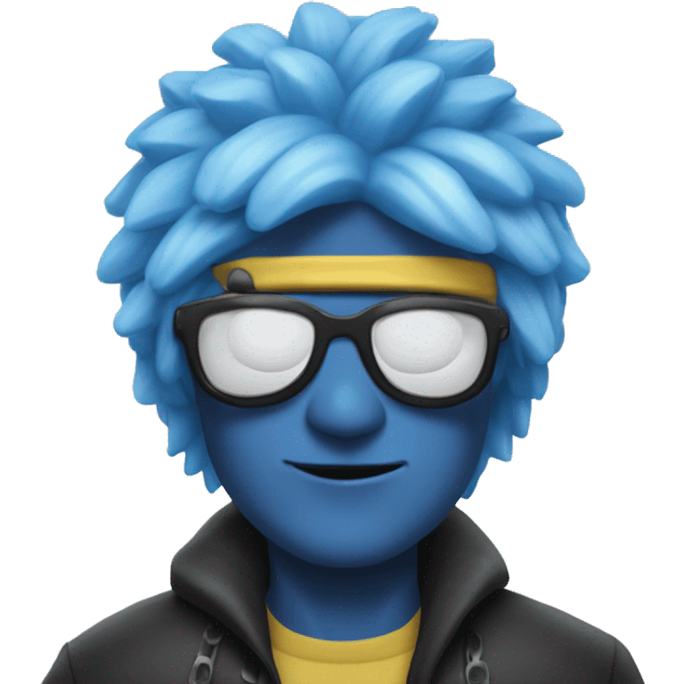 He has snow-white hair and the Six Eyes, which are a vibrant blue color.covers his eyes with a black blindfold, which props up his hair and gives it a spikier appearance.wears sunglasses and lets his hair down emoji