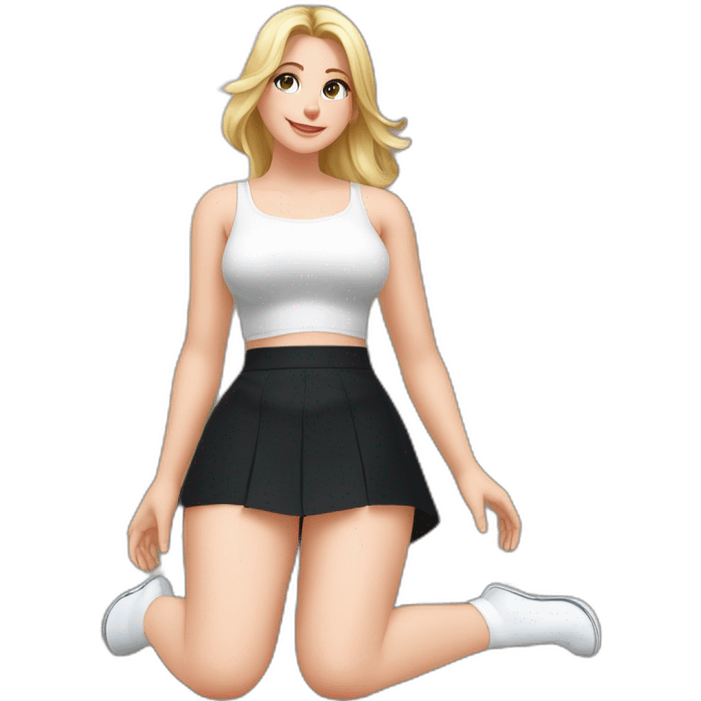 Front view full body curvy caucasian beauty sits on the floor straight hands up black skirt white knickers white socks emoji