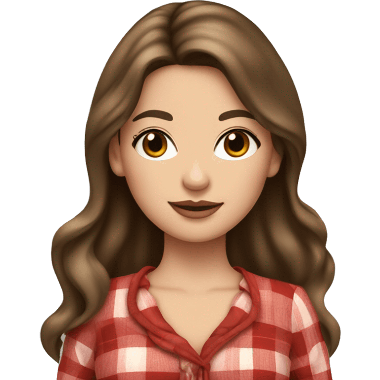 Pretty peach skin brunette woman with long hair and rosy cheeks in red plaid babydoll dress emoji