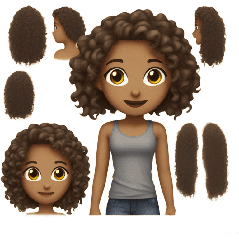 Girl wearing dark, gray tank top, long, brown, curly hair, hazel eyes caramel skin emoji