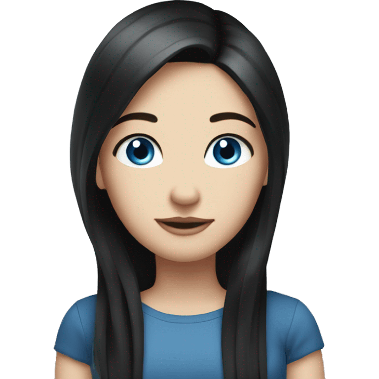 a girl with fair skin, straight long black hair, blue eyes, standing, very beautiful, very attractive emoji