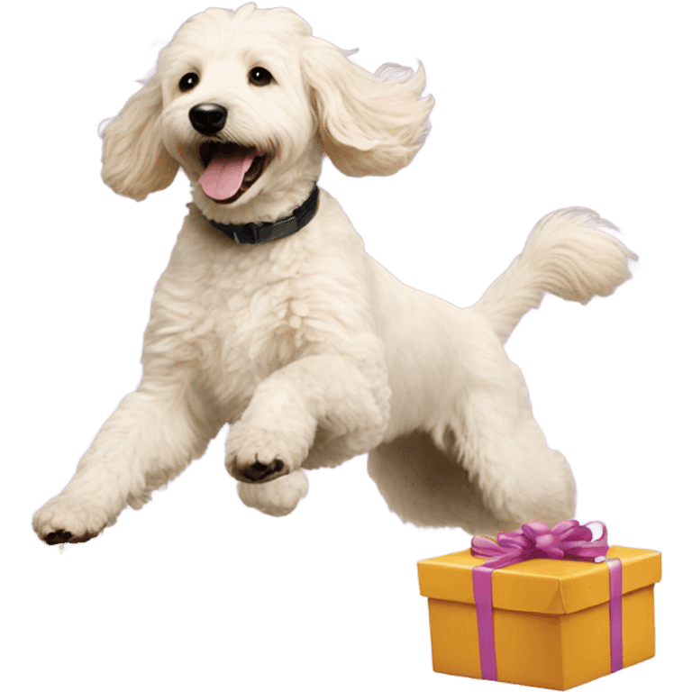 white goldendoodle jumping birthday present  emoji