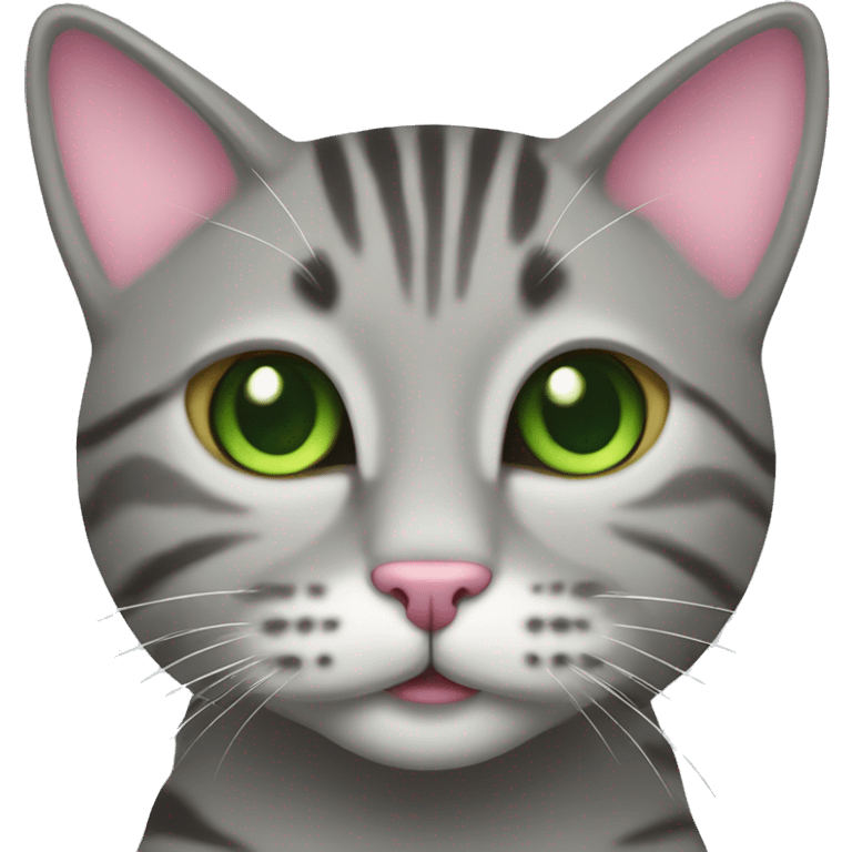 A grey tabby cat with a pink nose and green eyes is happy emoji