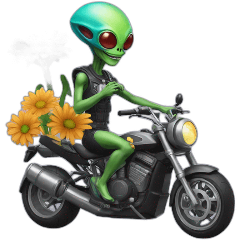 An alien from Jupiter wearing a flower necklace and riding a super bike emoji