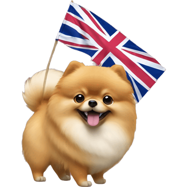 Fat Pomeranian spitz waiving small uk flag in its hand emoji