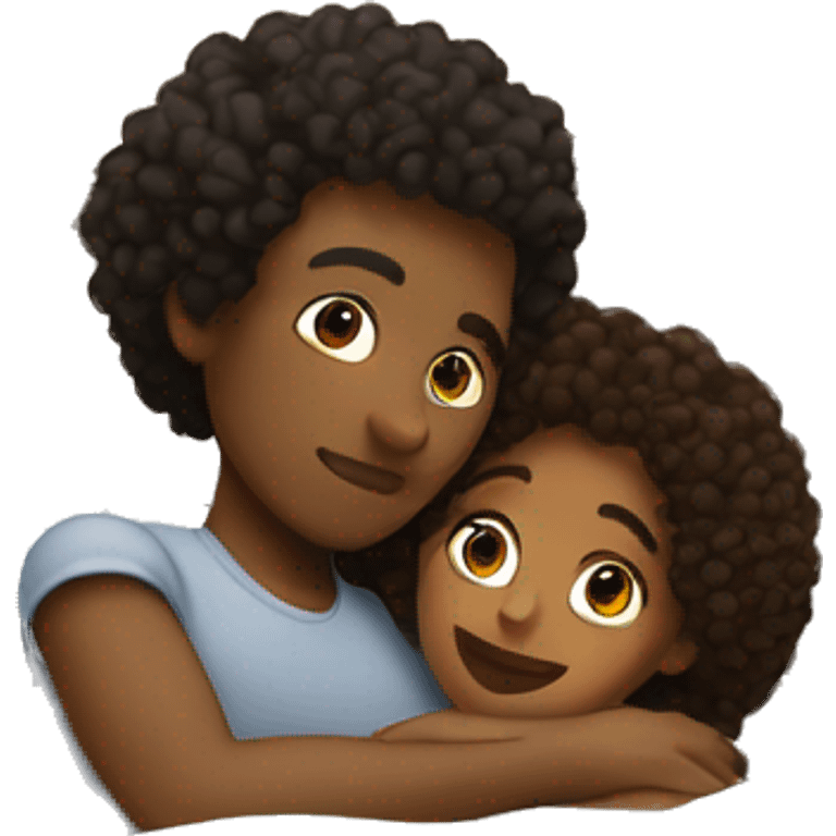 Young Black woman with curly hair, cuddling with a tan man in bed emoji