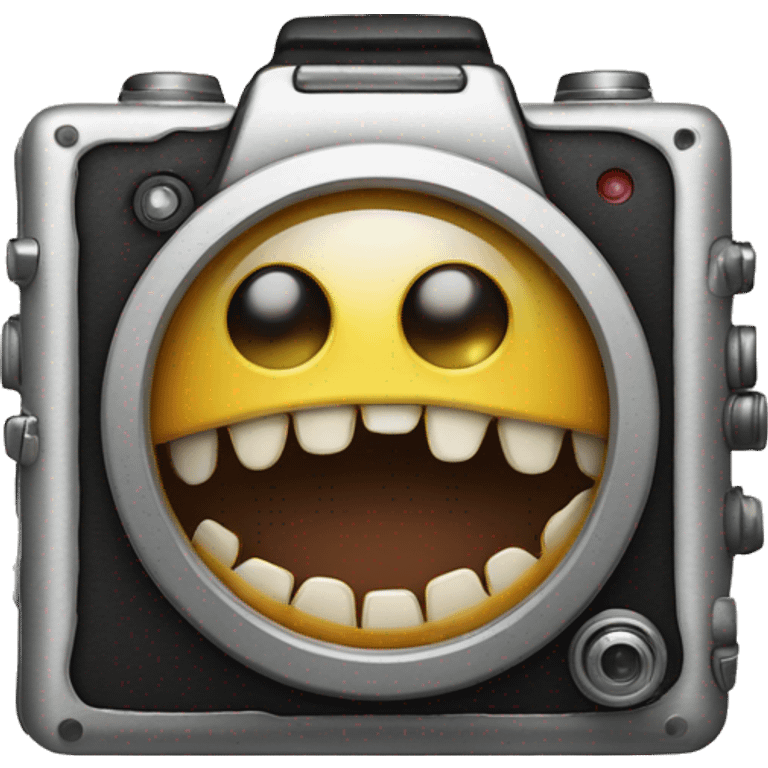 Camera with teeth, braces, and tongue hanging out its eyeball with hands emoji