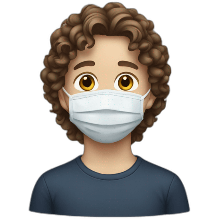 White Young boy with long brown curly hair and Covid facemask emoji