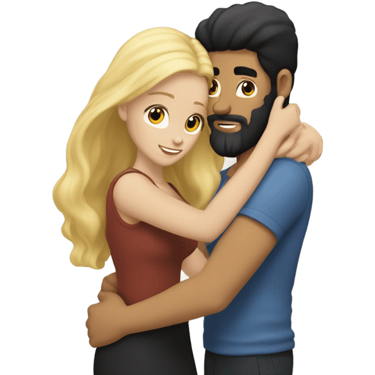 White man black hair and beard hugging white woman blonde long hair  emoji