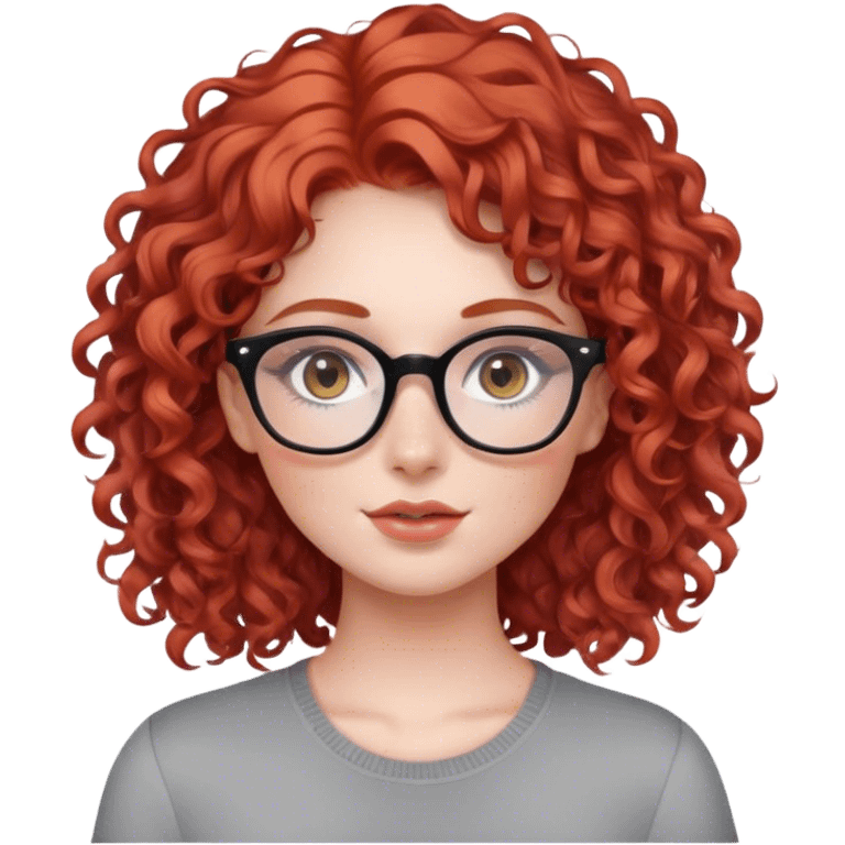 Beautiful girl with red curly hair, with gray eyes, in glasses, blush on emoji