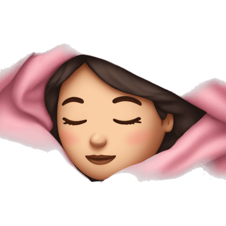 white girl with dark hair sleeping in pink blanket emoji