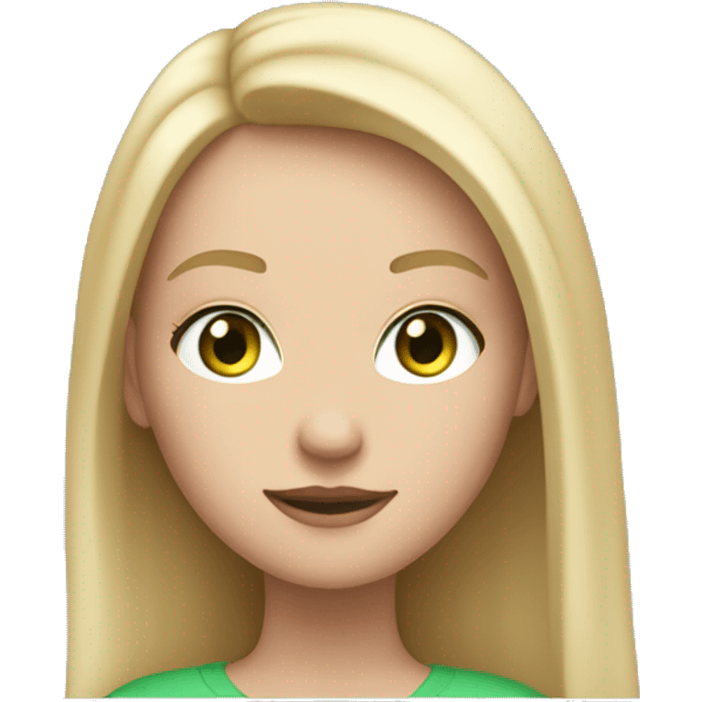 white girl with blonde straight hair past her shoulders and green eyes, and apple laptop in front of her emoji