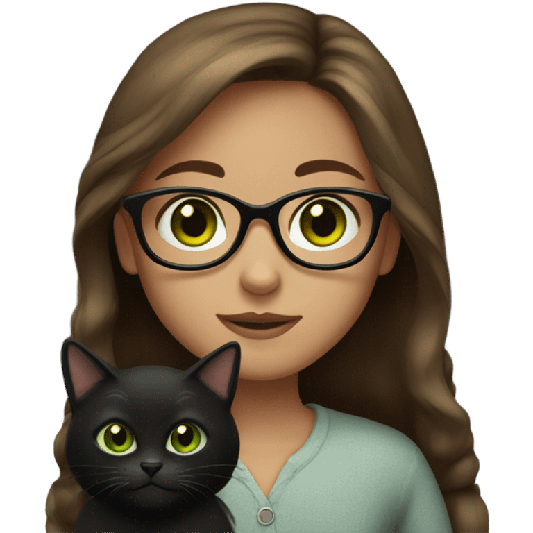 Girl with long brown hair and green eyes with glasses holding a black cat  emoji