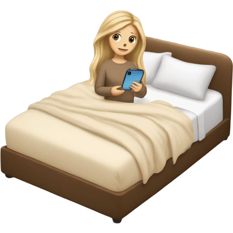 white girl with long hair in a bed with beige comforter on her phone emoji