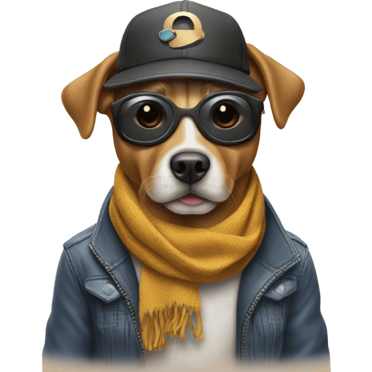 A dog wearing a scarf with a hat with some sunglasses with some goggles and with some pop pouches emoji