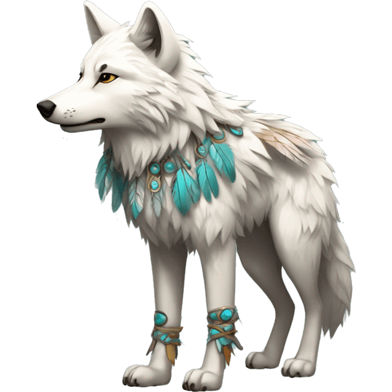 Fluffy Shy Spiritual Shamanic Wolf With Shiny Tribal Markings wearing feathers Full Body emoji