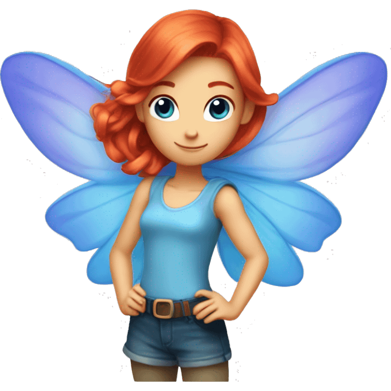 bloom winx fairy with red hair and blue eyes and in blue shirt with wings  emoji