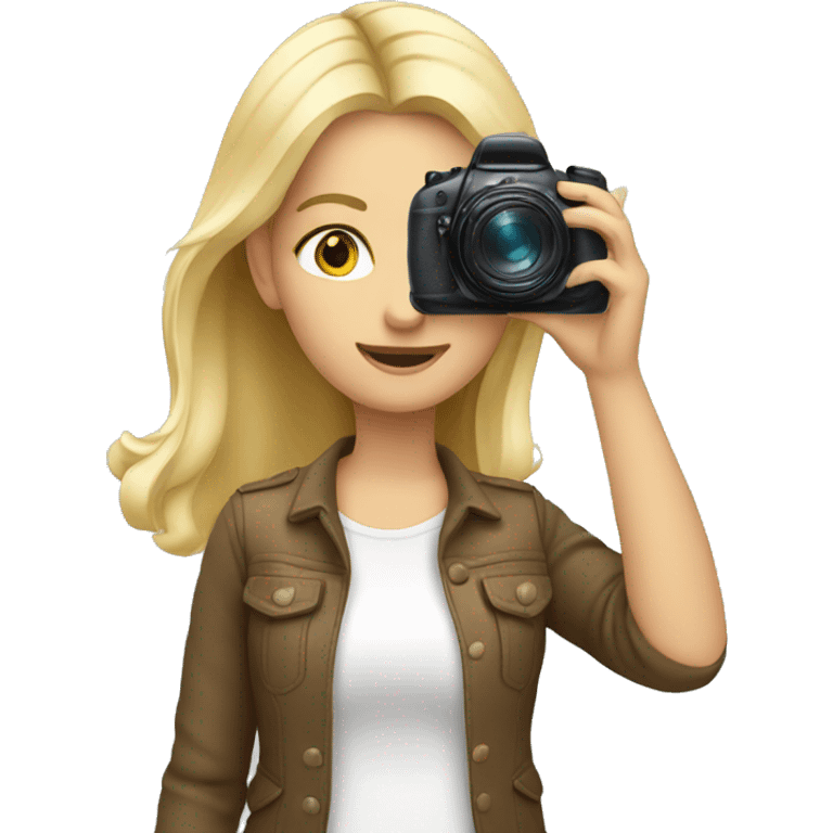 A blonde girl with a camera taking a photo emoji