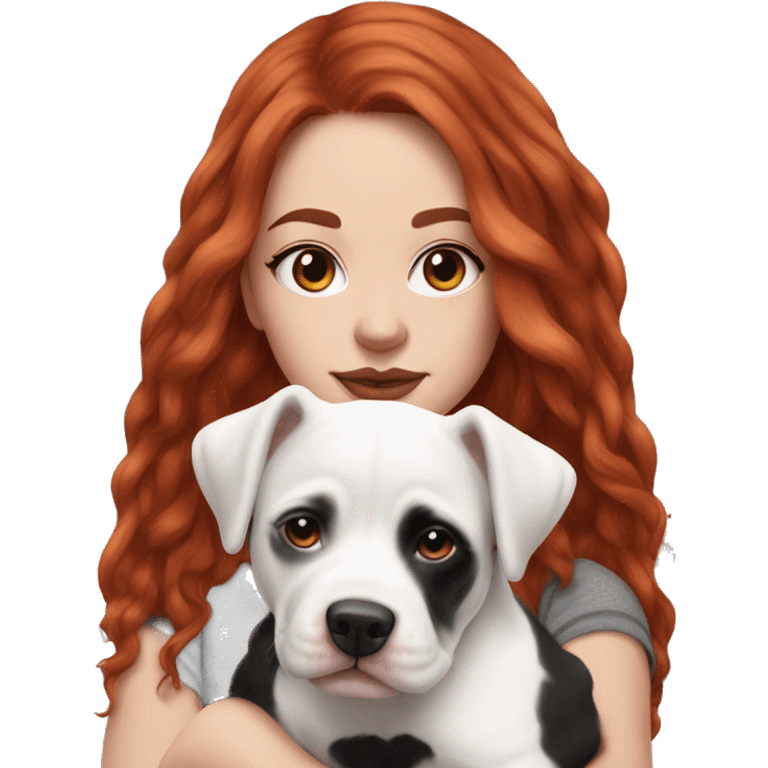 Long Red haired woman in beanie with septum piercing holding black and white English Staffordshire puppy emoji