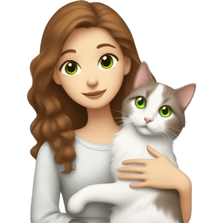 brown-haired girl with gray eyes hugs a Turkish Angora cat with green eyes emoji