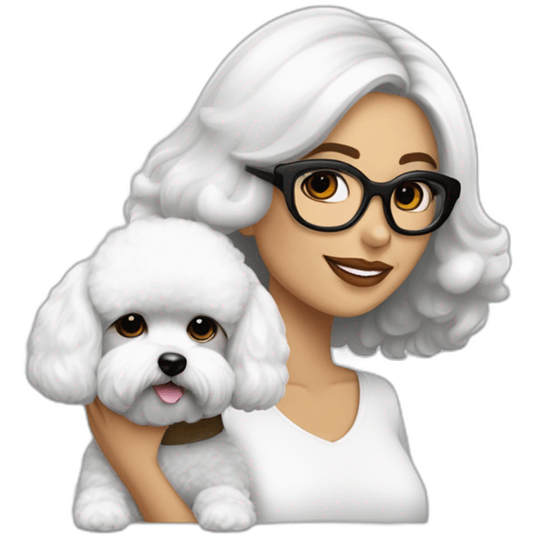 mujer piel blanca pelo largo negro gafas y perro bichon maltés blanco emoji