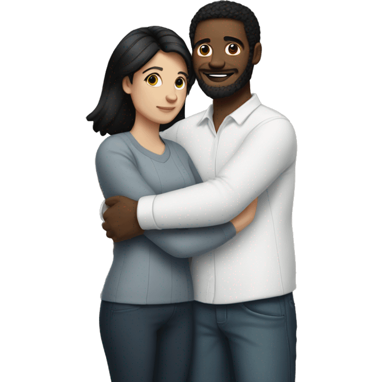 Black-haired white woman with a man hugging a black-haired white man emoji