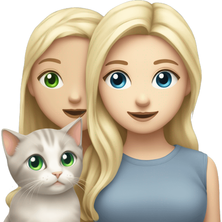 blue eyes grey kitten and green eyes blonde girl are friends emoji