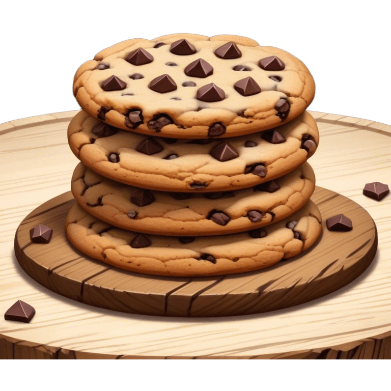 Cinematic crunchy chocolate chip cookies, freshly baked, golden-brown with gooey melted chocolate chunks, stacked on a rustic wooden plate, soft warm lighting, cozy and delicious. emoji