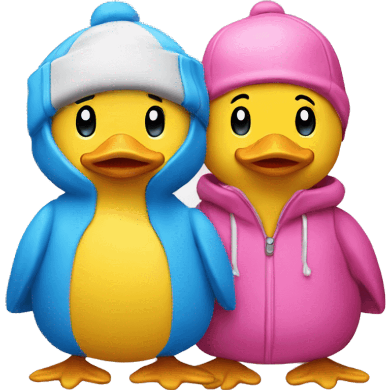 Two yellow ducks where one is a boy with a blue cap and the other a girl with a pink  emoji